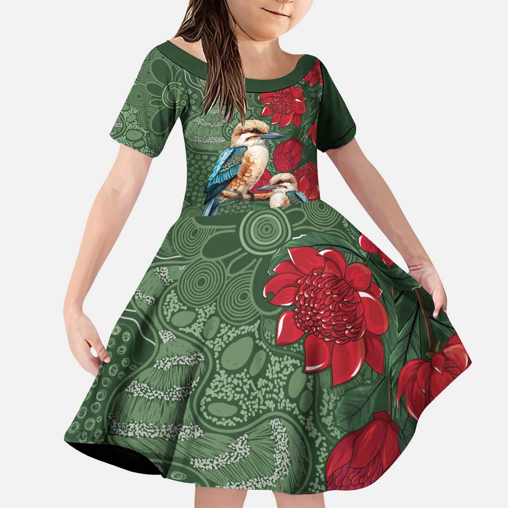 Kokaburra and Waratah Kid Short Sleeve Dress Aboriginal Art