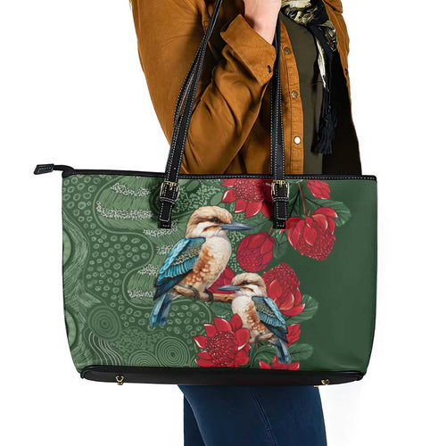 Kokaburra and Waratah Leather Tote Bag Aboriginal Art