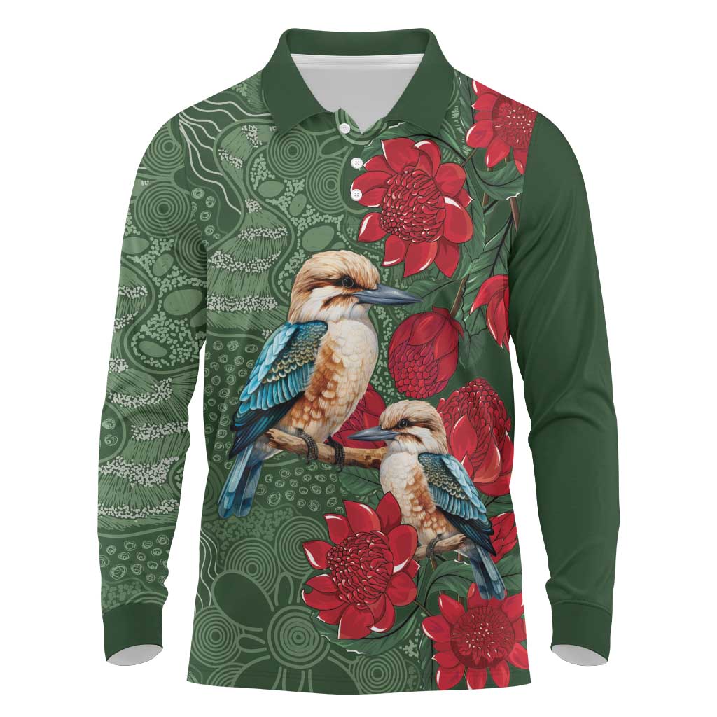 Kokaburra and Waratah Long Sleeve Polo Shirt Aboriginal Art