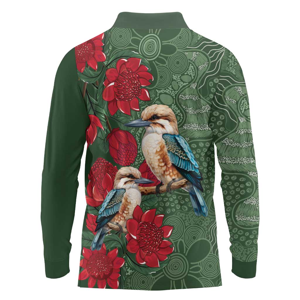 Kokaburra and Waratah Long Sleeve Polo Shirt Aboriginal Art