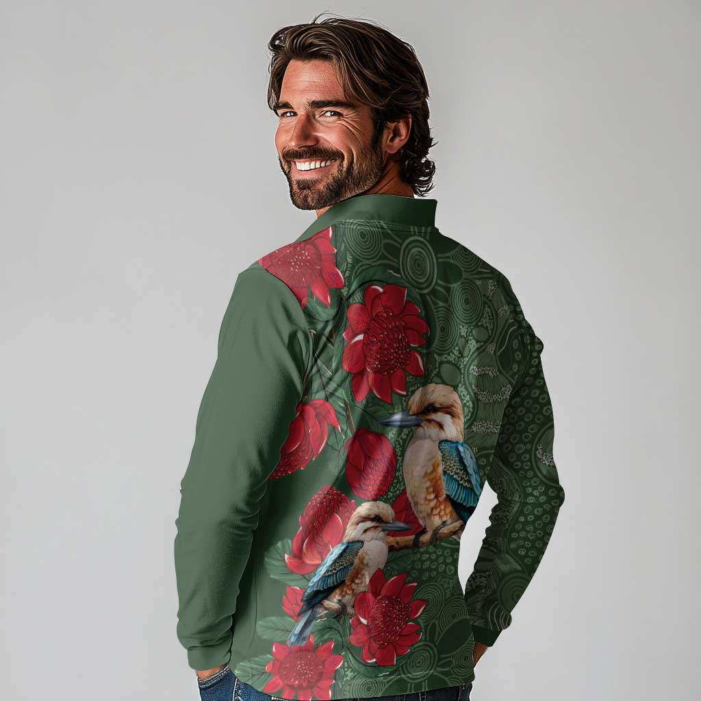 Kokaburra and Waratah Long Sleeve Polo Shirt Aboriginal Art