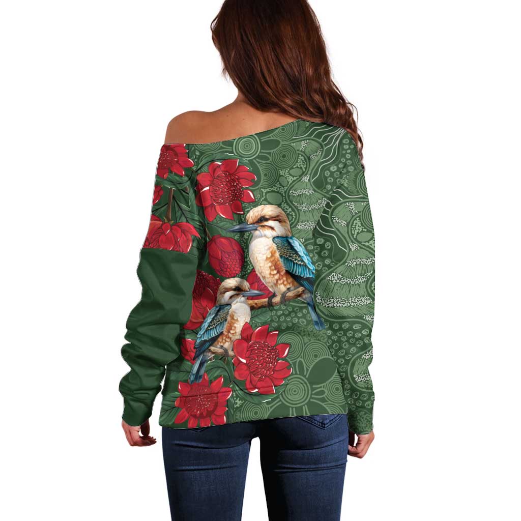 Kokaburra and Waratah Off Shoulder Sweater Aboriginal Art