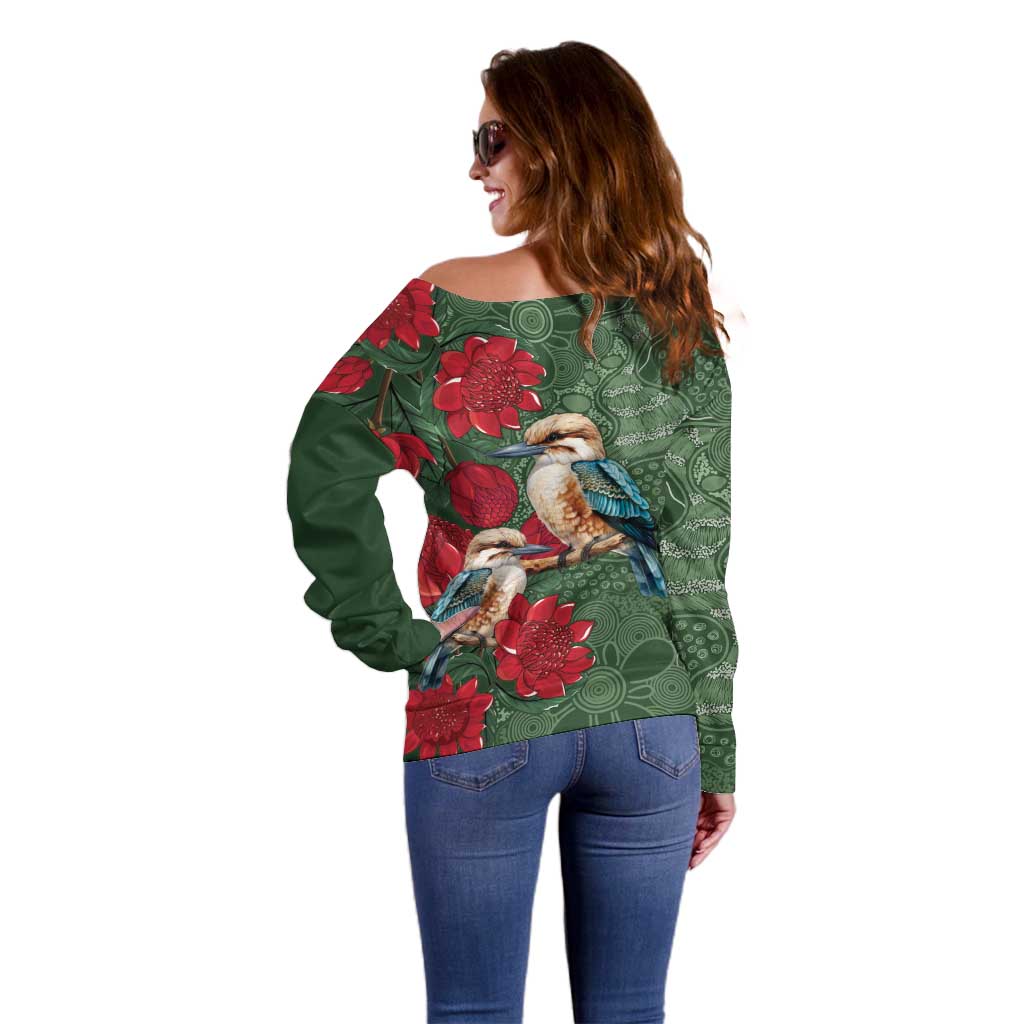 Kokaburra and Waratah Off Shoulder Sweater Aboriginal Art