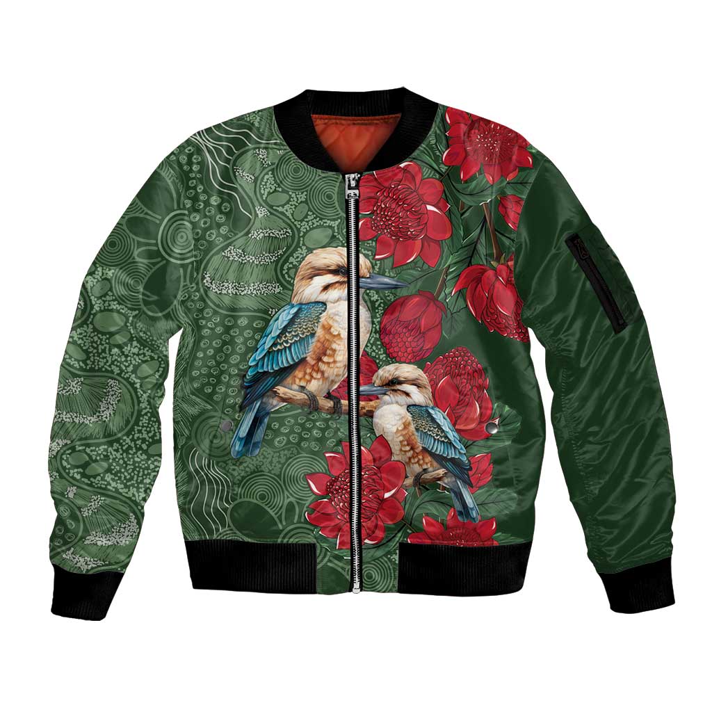 Kokaburra and Waratah Sleeve Zip Bomber Jacket Aboriginal Art