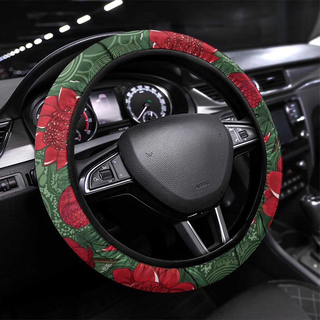 Kokaburra and Waratah Steering Wheel Cover Aboriginal Art