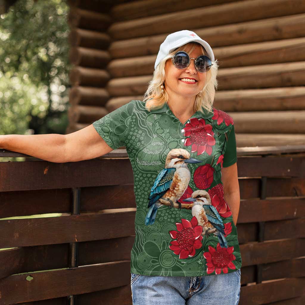 Kokaburra and Waratah Women Polo Shirt Aboriginal Art