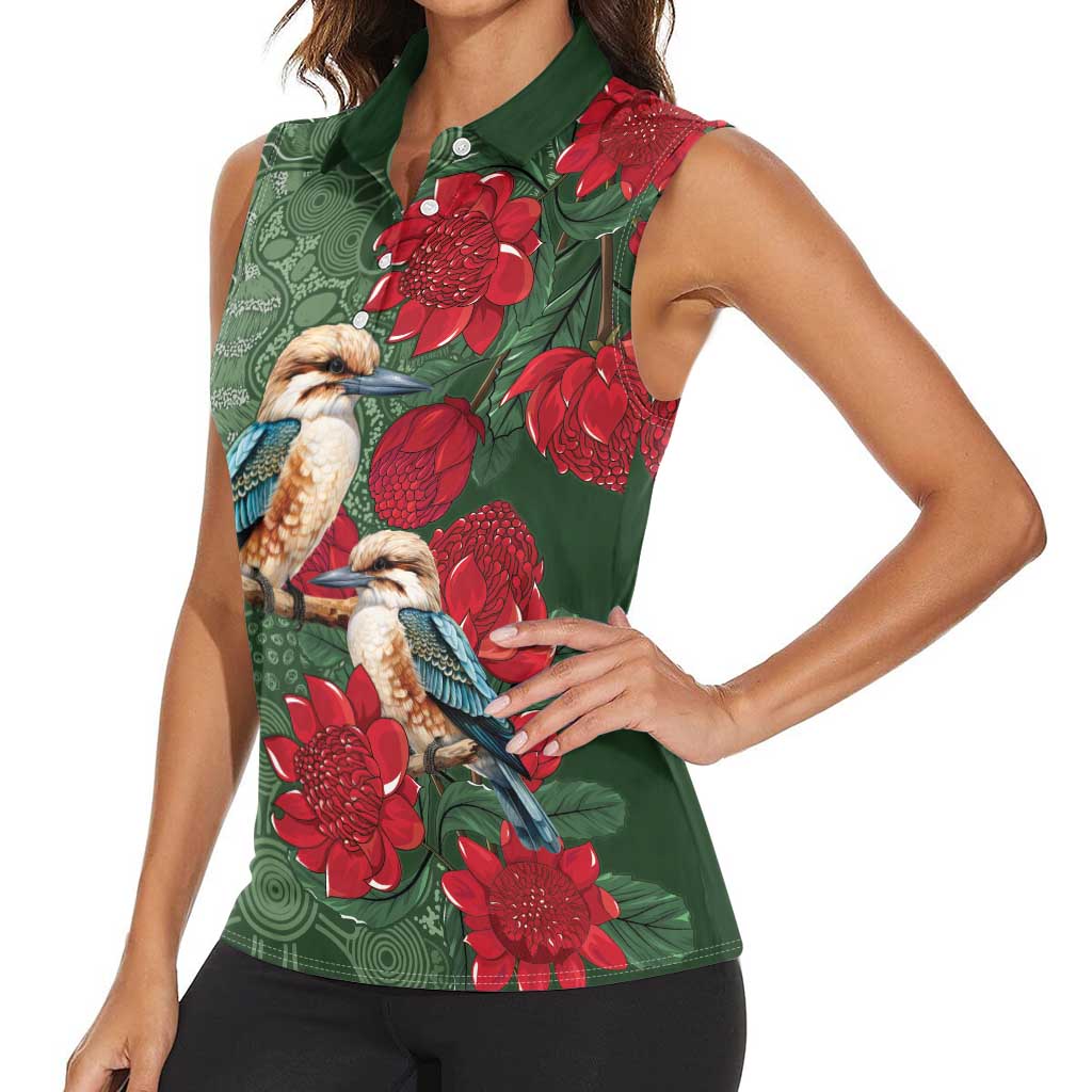 Kokaburra and Waratah Women Sleeveless Polo Shirt Aboriginal Art