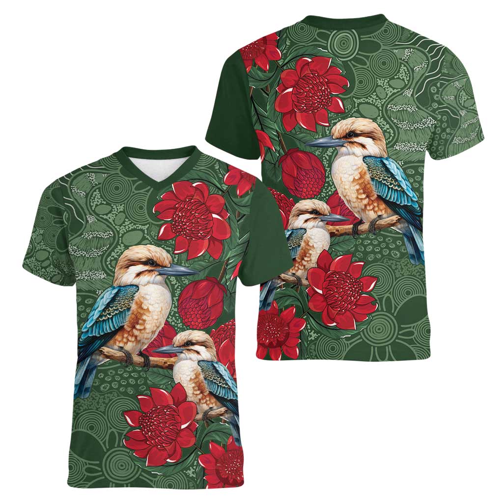 Kokaburra and Waratah Women V-Neck T-Shirt Aboriginal Art