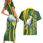 White Cockatoo and Golden Wattle Couples Matching Short Sleeve Bodycon Dress and Hawaiian Shirt Australian Native Bird