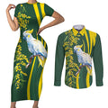White Cockatoo and Golden Wattle Couples Matching Short Sleeve Bodycon Dress and Long Sleeve Button Shirt Australian Native Bird