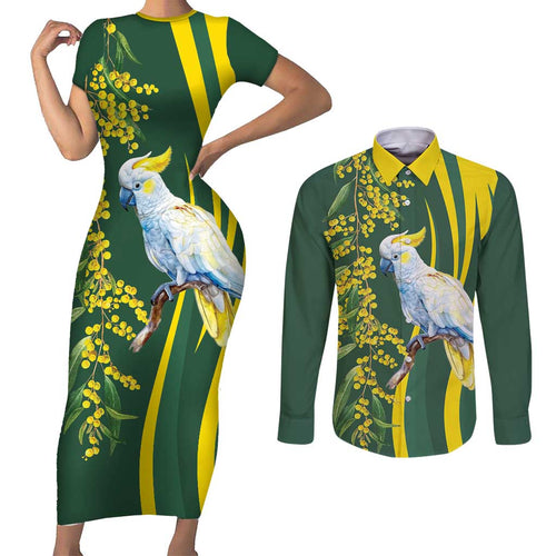 White Cockatoo and Golden Wattle Couples Matching Short Sleeve Bodycon Dress and Long Sleeve Button Shirt Australian Native Bird