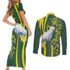 White Cockatoo and Golden Wattle Couples Matching Short Sleeve Bodycon Dress and Long Sleeve Button Shirt Australian Native Bird