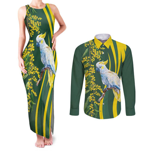 White Cockatoo and Golden Wattle Couples Matching Tank Maxi Dress and Long Sleeve Button Shirt Australian Native Bird