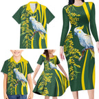 White Cockatoo and Golden Wattle Family Matching Long Sleeve Bodycon Dress and Hawaiian Shirt Australian Native Bird