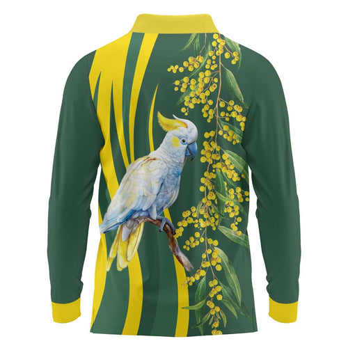 White Cockatoo and Golden Wattle Long Sleeve Polo Shirt Australian Native Bird