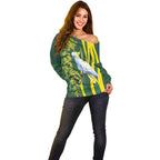 White Cockatoo and Golden Wattle Off Shoulder Sweater Australian Native Bird