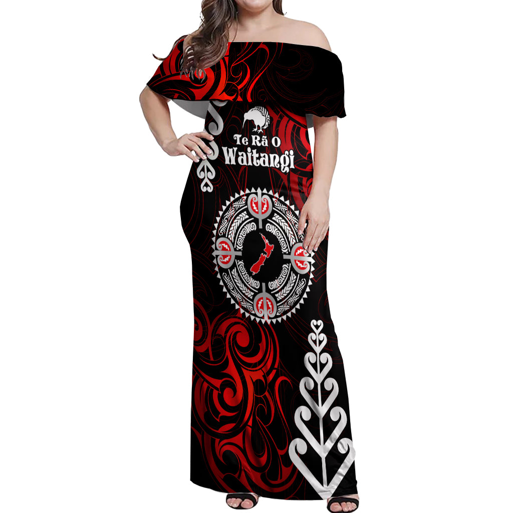 New Zealand Waitangi Day Personalised Off Shoulder Maxi Dress Aotearoa Te Ra O Waitangi With Maori Tattoo