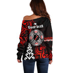 New Zealand Waitangi Day Personalised Off Shoulder Sweater Aotearoa Te Ra O Waitangi With Maori Tattoo