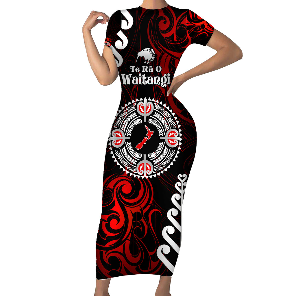 New Zealand Waitangi Day Personalised Short Sleeve Bodycon Dress Aotearoa Te Ra O Waitangi With Maori Tattoo