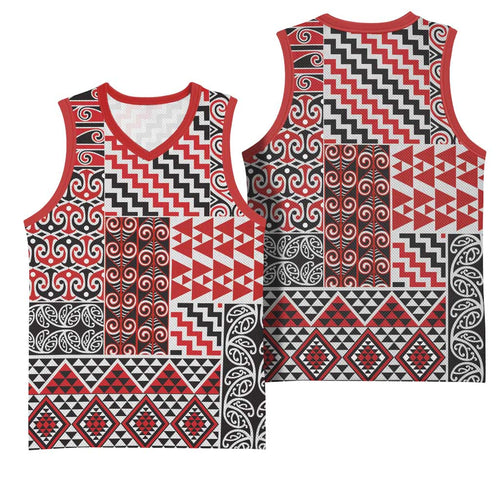 Aotearoa Kowhaiwhai Taniko Patchwork Motifs Basketball Jersey - Aussie Hoodie