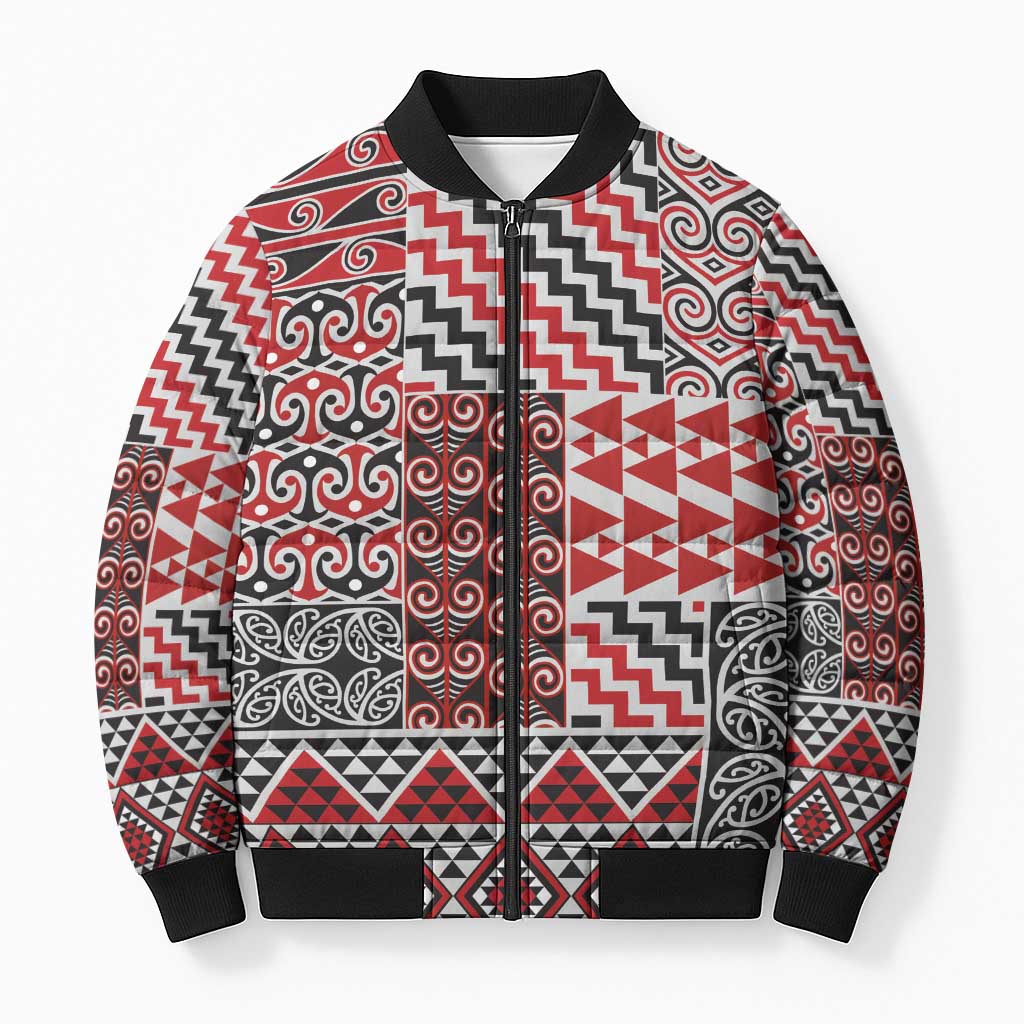 Aotearoa Kowhaiwhai Taniko Patchwork Motifs Bomber Puffer Jacket - Aussie Hoodie
