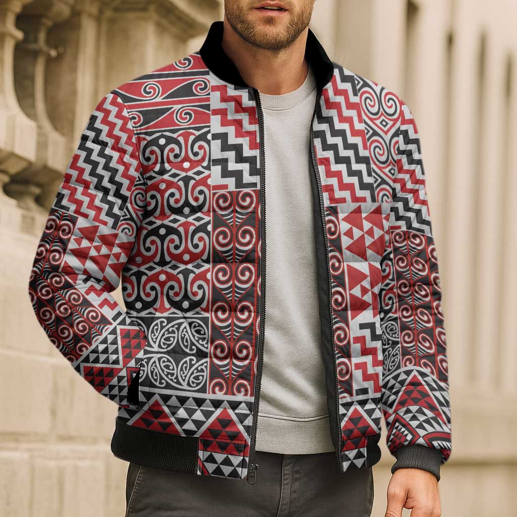 Aotearoa Kowhaiwhai Taniko Patchwork Motifs Bomber Puffer Jacket - Aussie Hoodie