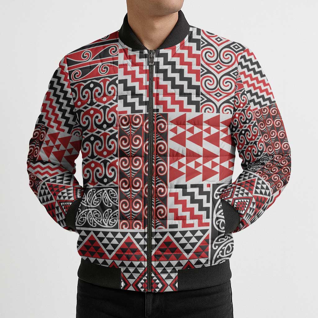 Aotearoa Kowhaiwhai Taniko Patchwork Motifs Bomber Puffer Jacket - Aussie Hoodie