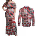 Aotearoa Kowhaiwhai Taniko Patchwork Motifs Couples Matching Off Shoulder Maxi Dress and Long Sleeve Button Shirt