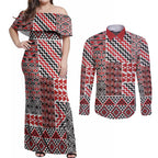 Aotearoa Kowhaiwhai Taniko Patchwork Motifs Couples Matching Off Shoulder Maxi Dress and Long Sleeve Button Shirt