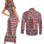 Aotearoa Kowhaiwhai Taniko Patchwork Motifs Couples Matching Short Sleeve Bodycon Dress and Long Sleeve Button Shirt