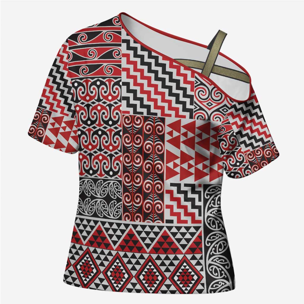 Aotearoa Kowhaiwhai Taniko Patchwork Motifs Cross Shoulder Shirt - Aussie Hoodie