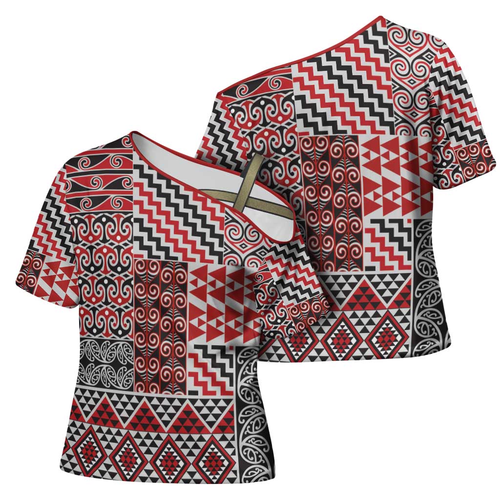 Aotearoa Kowhaiwhai Taniko Patchwork Motifs Cross Shoulder Shirt - Aussie Hoodie