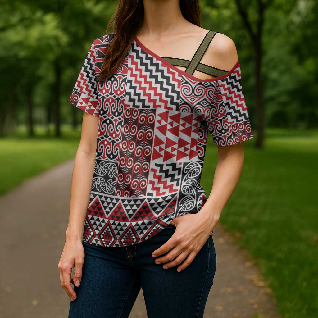 Aotearoa Kowhaiwhai Taniko Patchwork Motifs Cross Shoulder Shirt - Aussie Hoodie