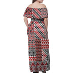 Aotearoa Kowhaiwhai Taniko Patchwork Motifs Family Matching Off Shoulder Maxi Dress and Hawaiian Shirt
