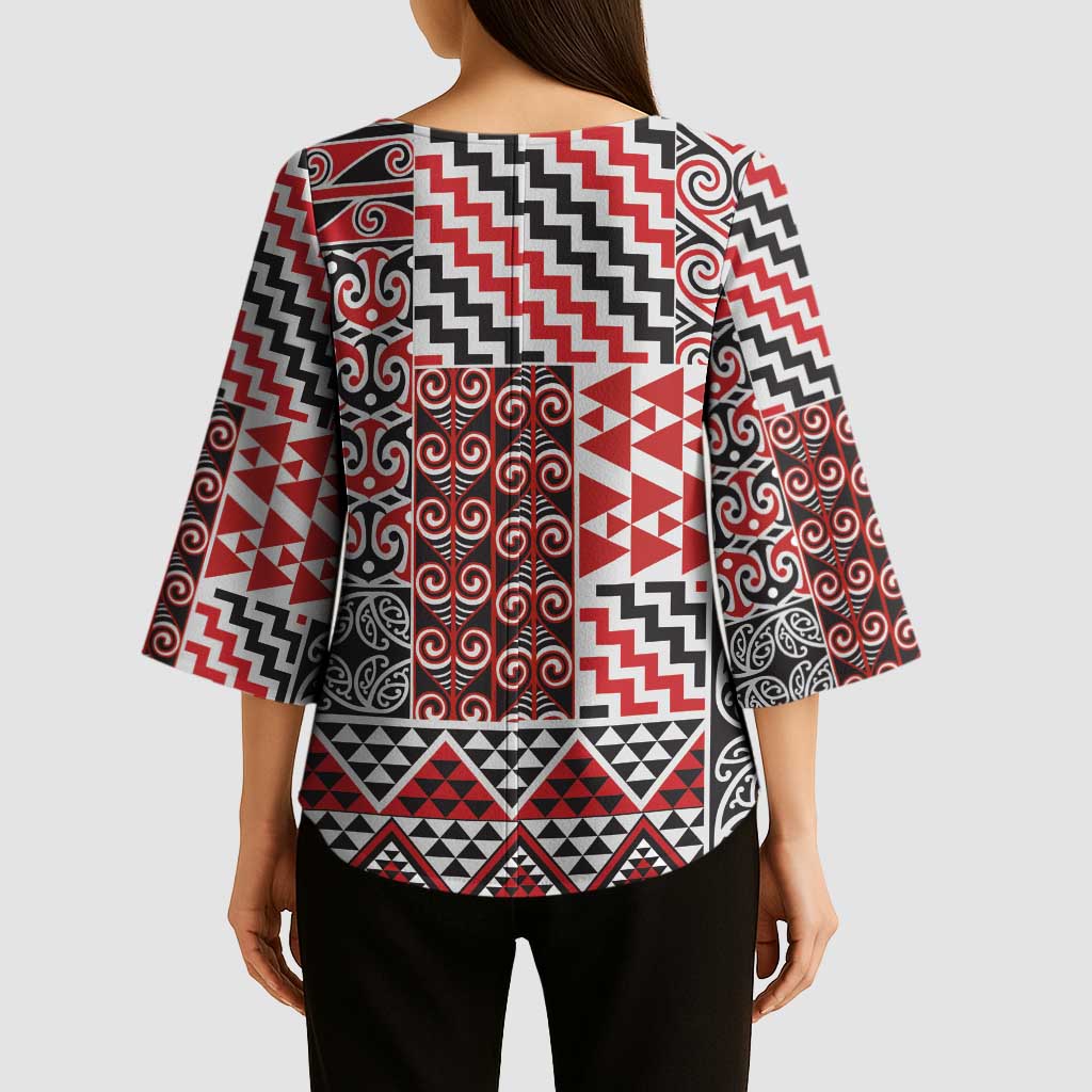 Aotearoa Kowhaiwhai Taniko Patchwork Motifs Kimono Sleeve Blouse - Aussie Hoodie
