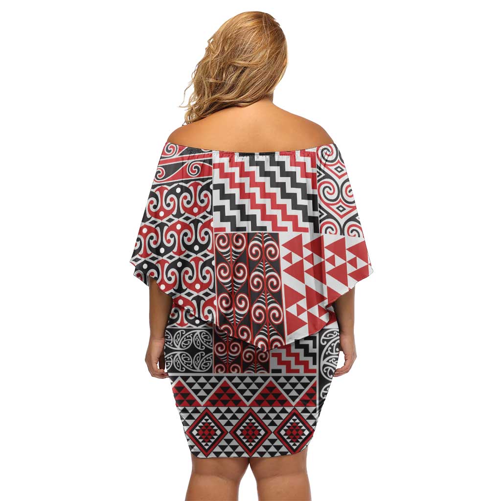 Aotearoa Kowhaiwhai Taniko Patchwork Motifs Off Shoulder Short Dress