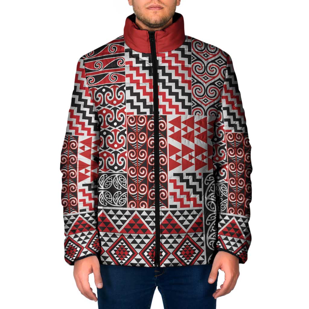 Aotearoa Kowhaiwhai Taniko Patchwork Motifs Padded Jacket - Aussie Hoodie