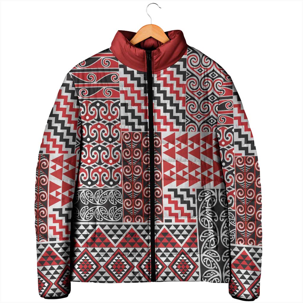 Aotearoa Kowhaiwhai Taniko Patchwork Motifs Padded Jacket - Aussie Hoodie