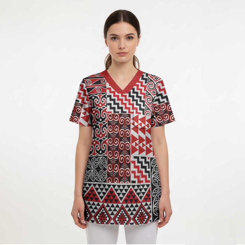 Aotearoa Kowhaiwhai Taniko Patchwork Motifs Scrub Top - Aussie Hoodie