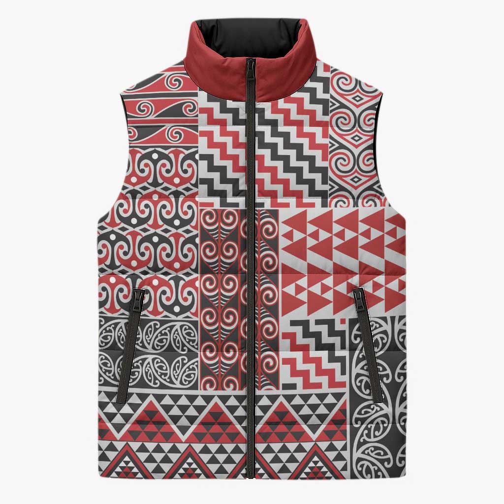 Aotearoa Kowhaiwhai Taniko Patchwork Motifs Sleeveless Puffer Jacket - Aussie Hoodie