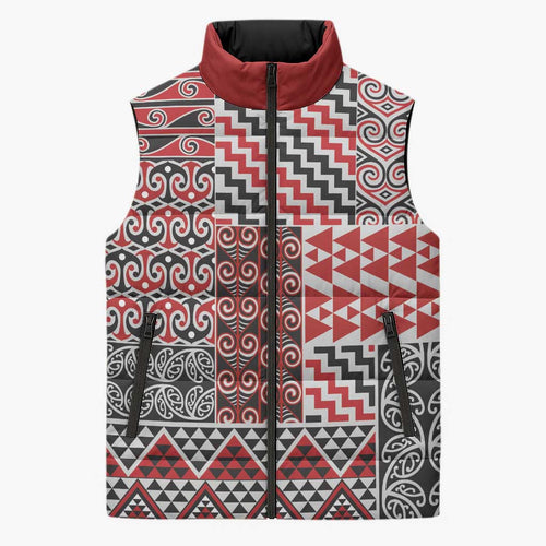 Aotearoa Kowhaiwhai Taniko Patchwork Motifs Sleeveless Puffer Jacket - Aussie Hoodie