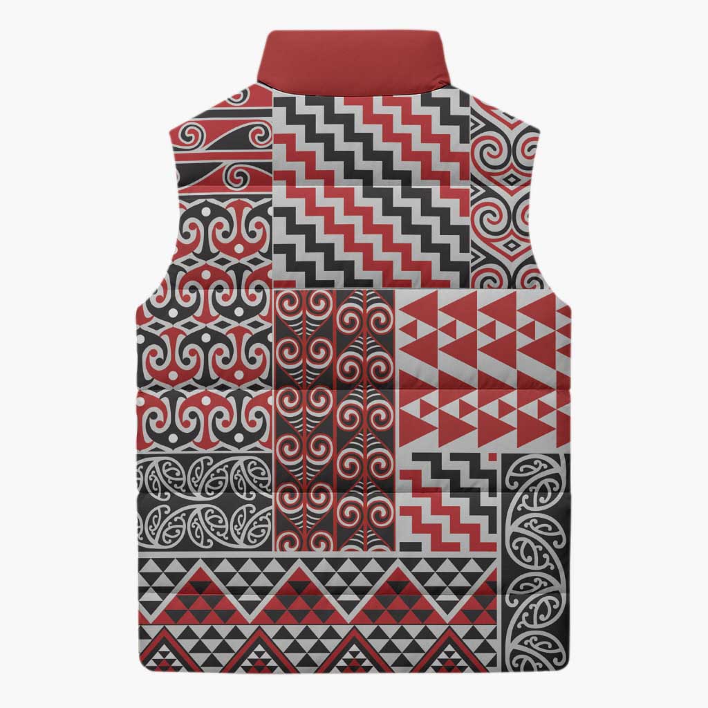 Aotearoa Kowhaiwhai Taniko Patchwork Motifs Sleeveless Puffer Jacket - Aussie Hoodie