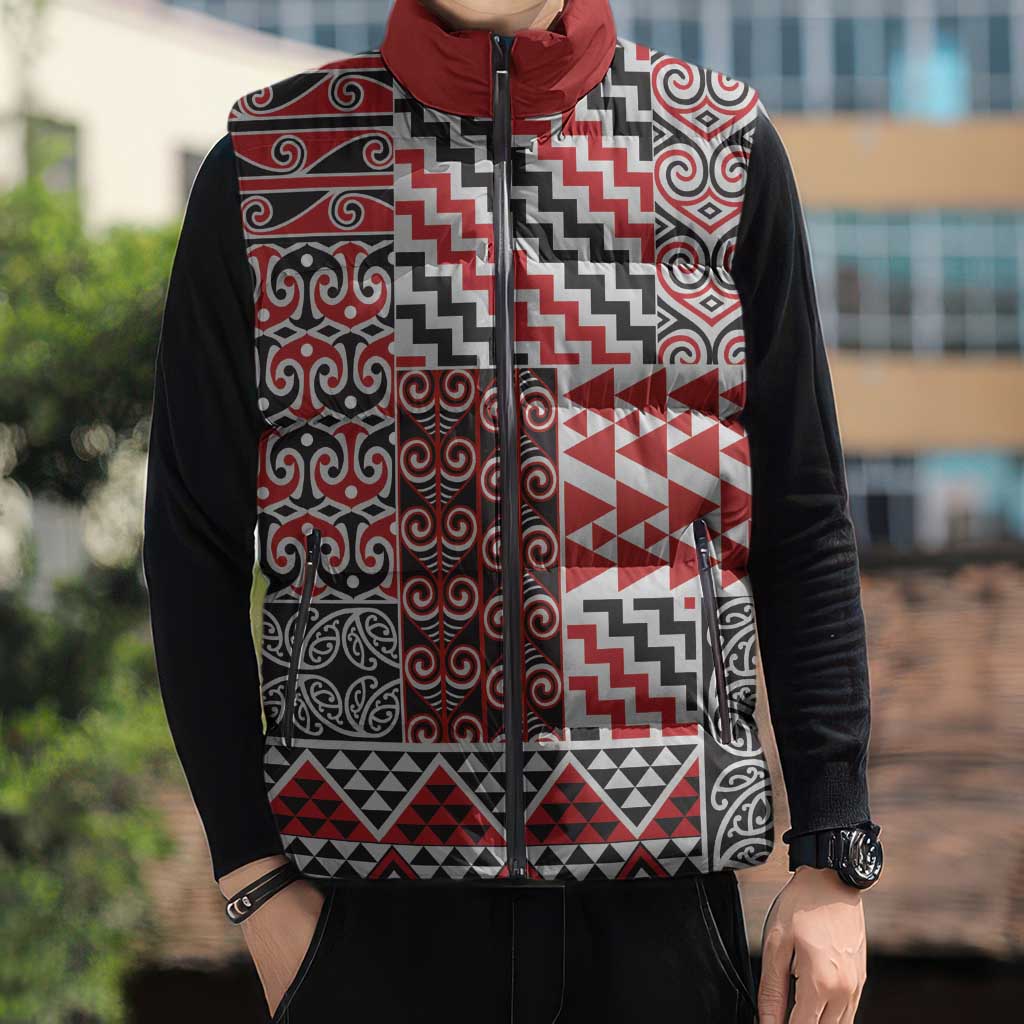 Aotearoa Kowhaiwhai Taniko Patchwork Motifs Sleeveless Puffer Jacket - Aussie Hoodie