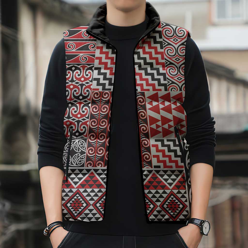 Aotearoa Kowhaiwhai Taniko Patchwork Motifs Sleeveless Puffer Jacket - Aussie Hoodie