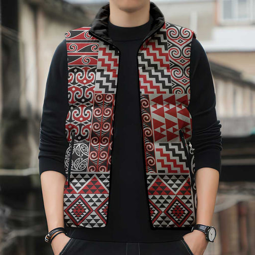 Aotearoa Kowhaiwhai Taniko Patchwork Motifs Sleeveless Puffer Jacket - Aussie Hoodie