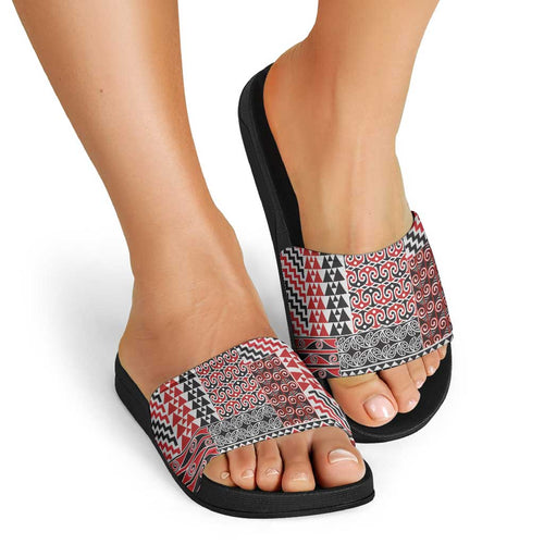 Aotearoa Kowhaiwhai Taniko Patchwork Motifs Slide Sandals - Aussie Hoodie