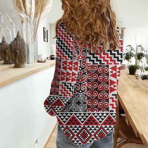 Aotearoa Kowhaiwhai Taniko Patchwork Motifs Women Casual Shirt