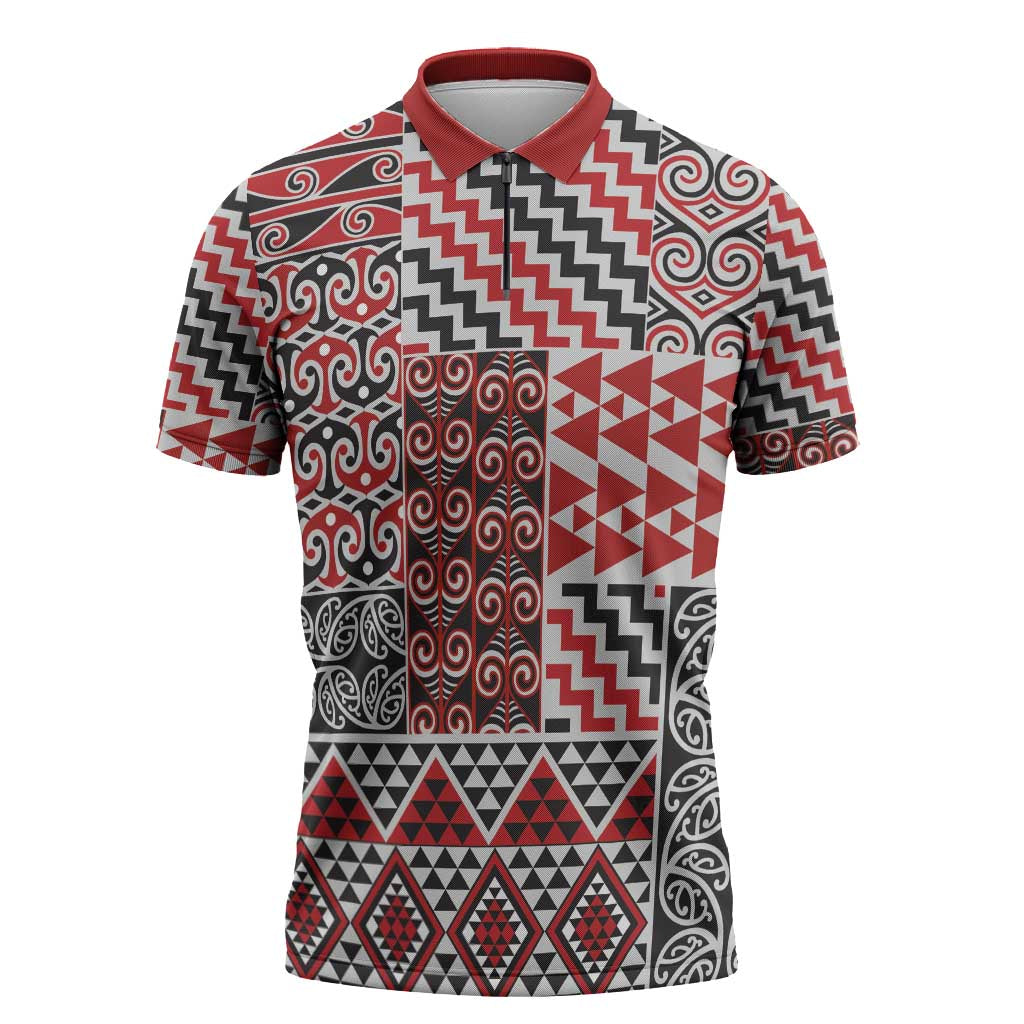 Aotearoa Kowhaiwhai Taniko Patchwork Motifs Zipper Polo Shirt - Aussie Hoodie