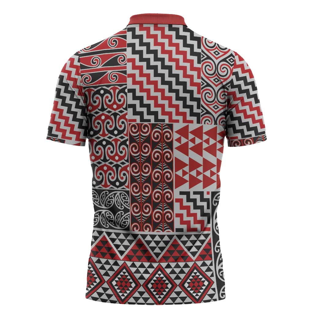 Aotearoa Kowhaiwhai Taniko Patchwork Motifs Zipper Polo Shirt - Aussie Hoodie