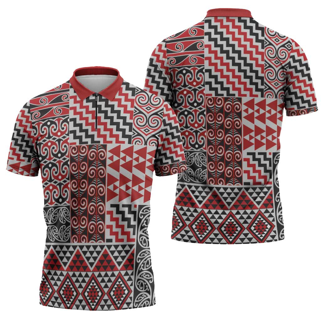 Aotearoa Kowhaiwhai Taniko Patchwork Motifs Zipper Polo Shirt - Aussie Hoodie